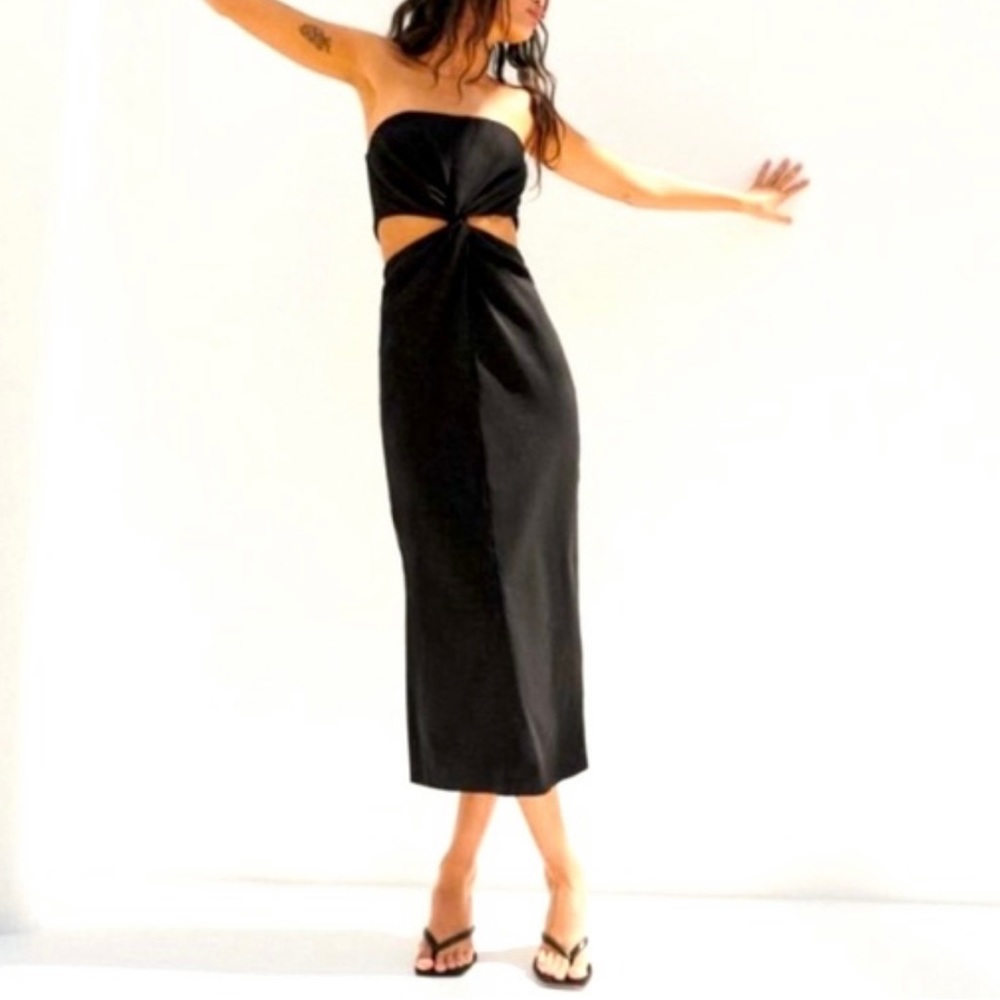 zara linen blend strapless midi with cutouts. back zipper